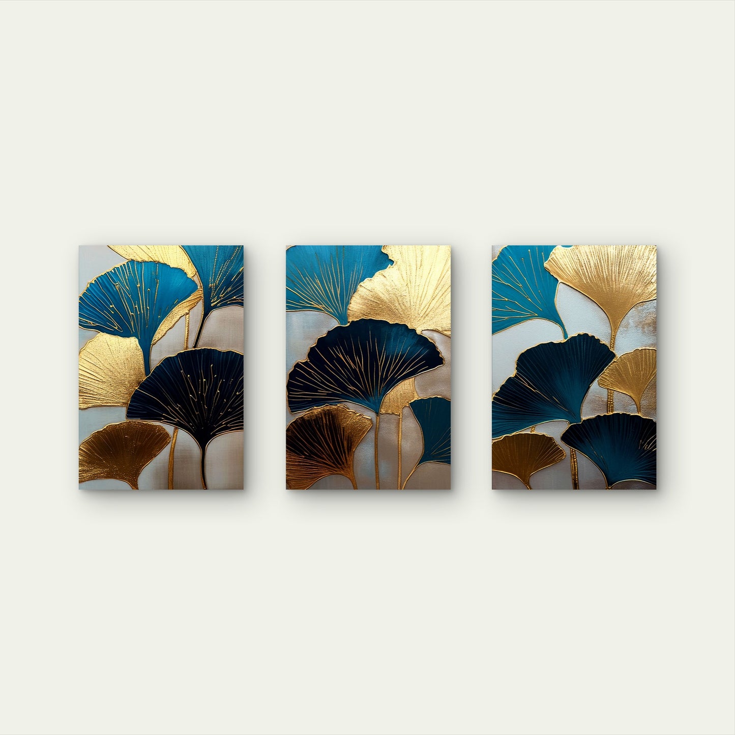 3pcs Gold Ginkgo Biloba Leaf Teal Navy Blue Metal Print Ready to Hang Art