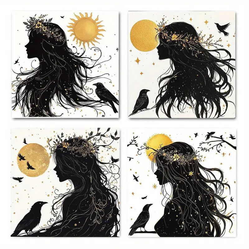 4pcs  Black Silhouette with Golden Sun & Birds     Wall Art Canvas Framed
