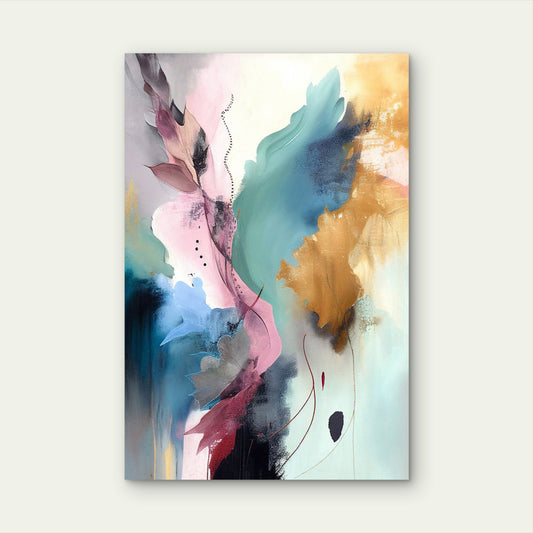 Abstract Teal Pink Gold Leaf Shapes 40x60cm Metal Print Ready to Hang