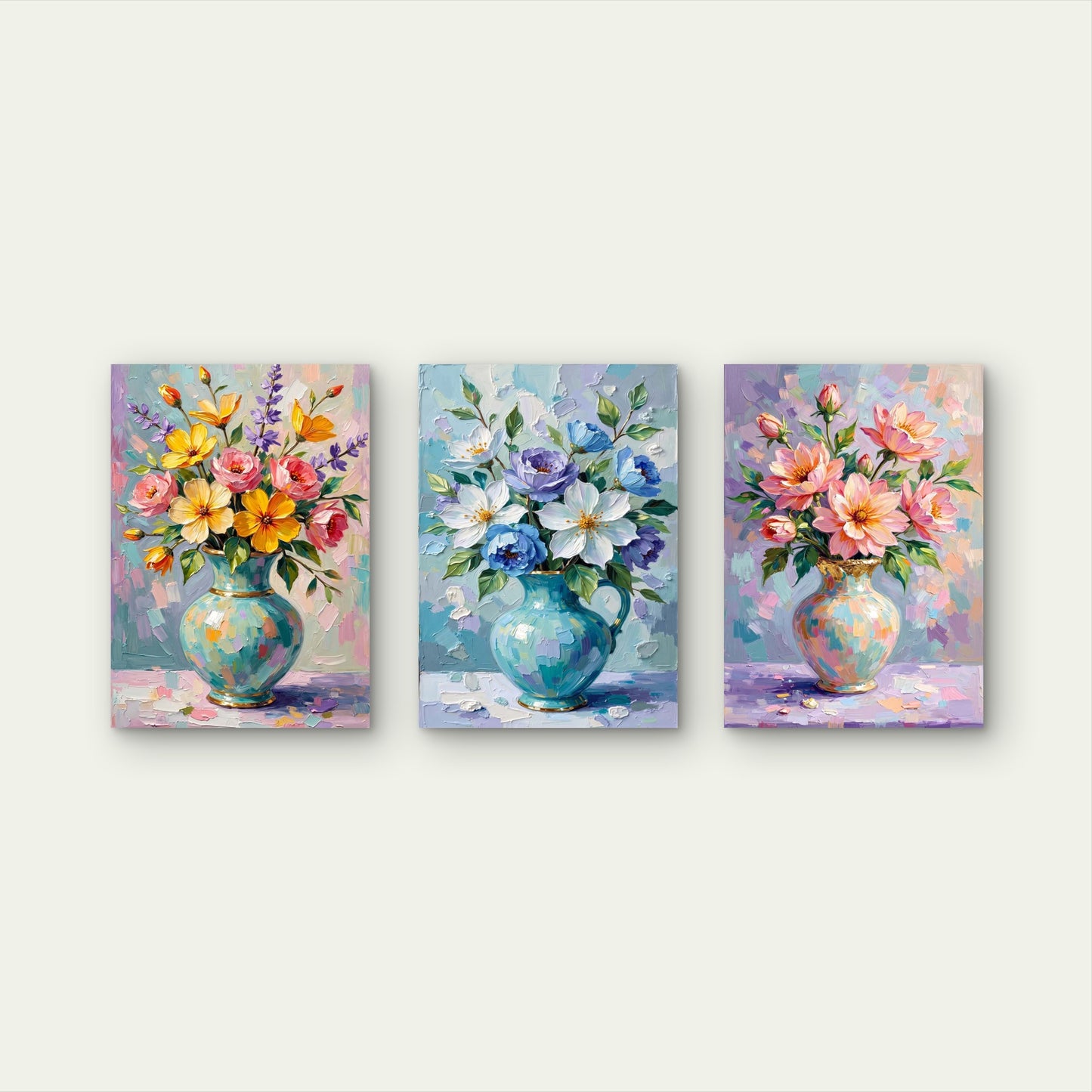 3pcs Impressionist Pastel Wildflower Vase  Wall Art Set Canvas Framed 40x60cm - High Quality Print 100% Australian Made Wall Canvas Ready to Hang