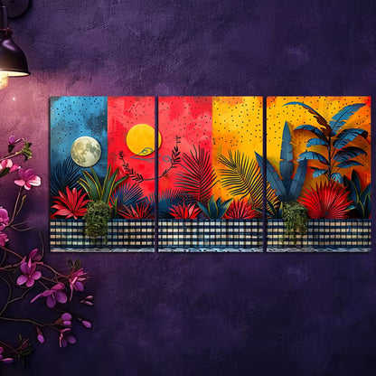 3pcs Vibrant Moon Plant & Floral Designs Wall Art Set Canvas Framed 50x70cm - High Quality Print 100% Australian Made Wall Canvas Ready to Hang