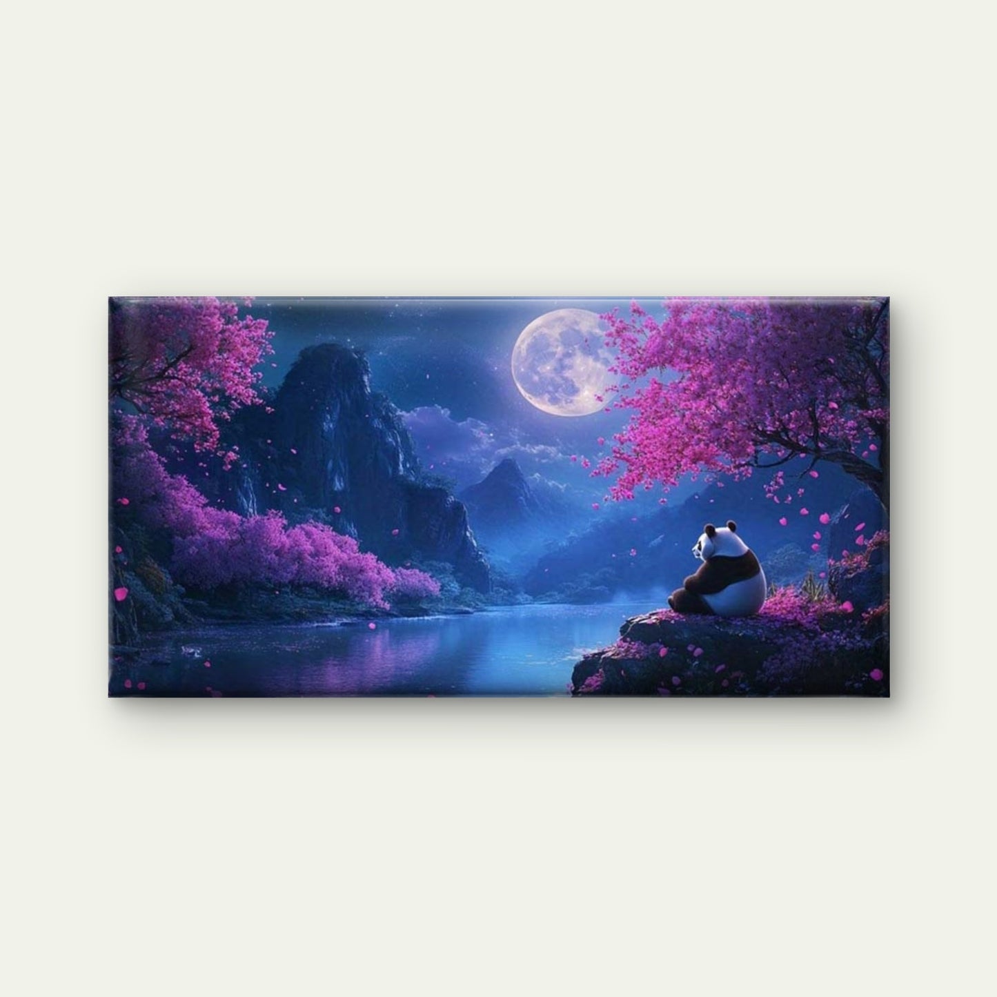 Moon Night Panda & Cherry Wall Art Canvas Office Home Room Framed 120x60cm - Bella Home Decor