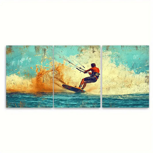 3pcs Wakeboarding & Kitesurfing Ocean Art Wall Art Set Canvas Framed 50x70cm - High Quality Print 100% Australian Made Wall Canvas Ready to Hang