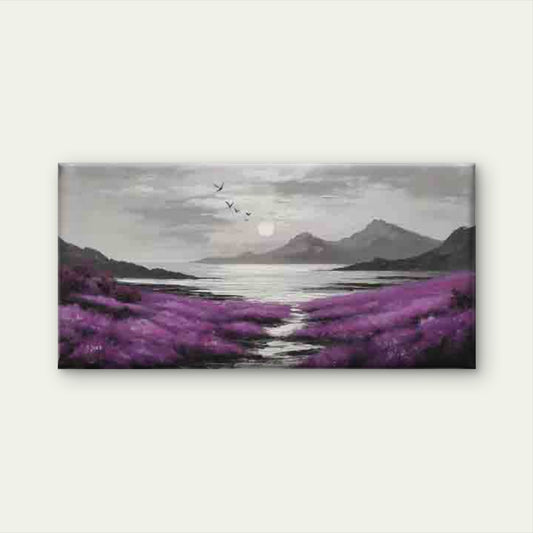 Purple Meadow & Mountain Sunset Wall Art Canvas Office Home Room Framed 120x60cm
