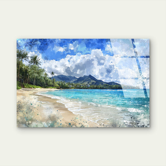 Coastal Ocean Palm Trees Paint Acrylic Glass Printing Wall Art Australian Made Quality