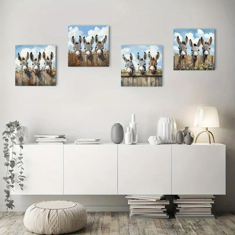 4pcs Charming Donkey Canvas Art Prints Wall Art Canvas Framed