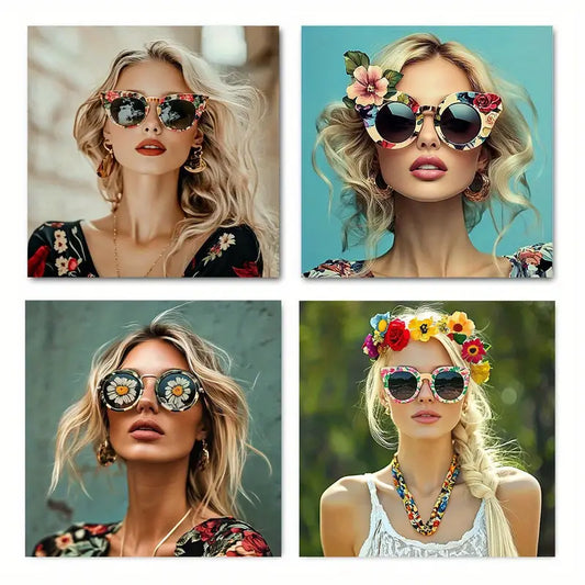 4pcs Girl Wearing A Sunglass Wall Art Canvas Framed