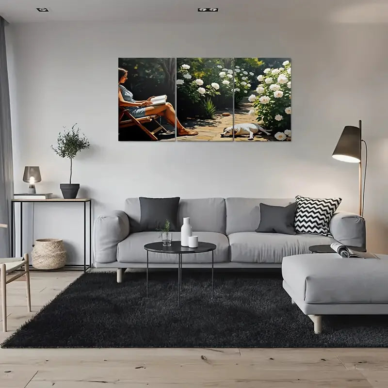 3pcs Woman Reading And Dog Canvas Metal Print Ready to Hang Art