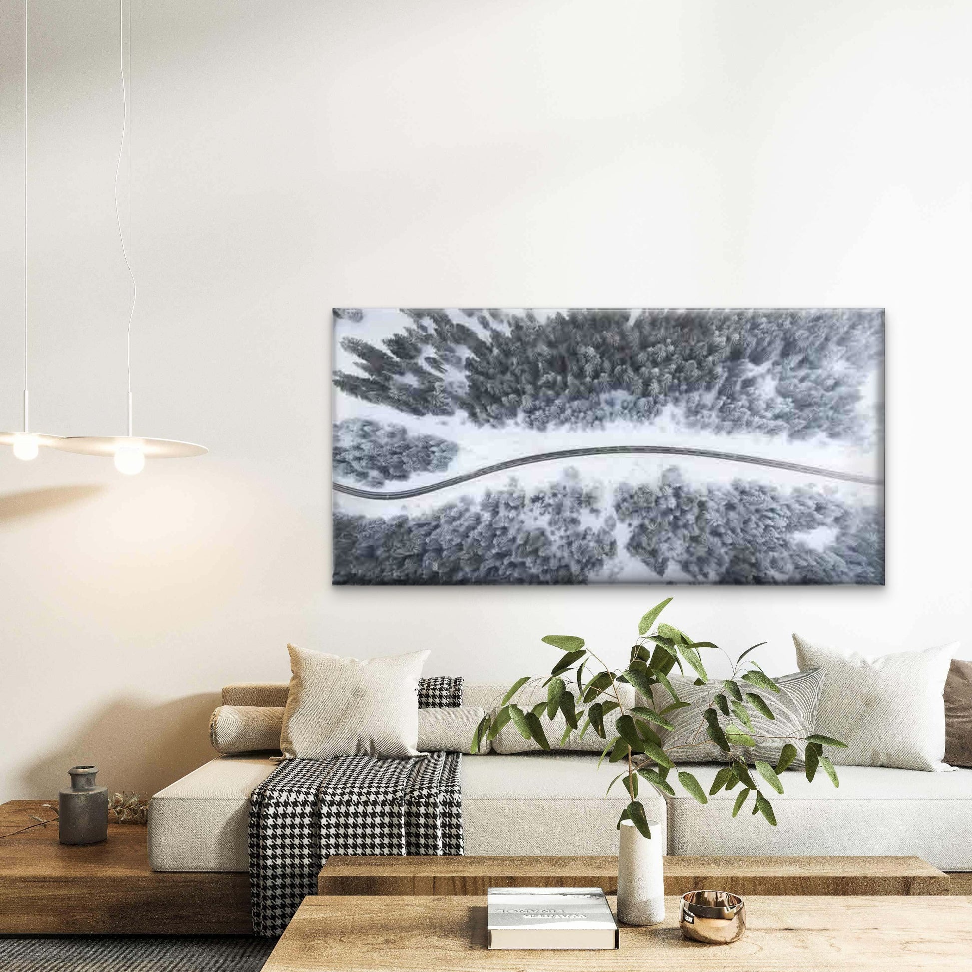 Aerial Winter Forest Road Lands Wall Art Canvas Office Home Room Framed 120x60cm - Bella Home Decor