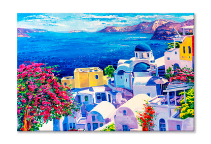 Greek Scenery, Blue Sea and White Houses Oil Painting Wall Art Limited Edition High Quality Print Stretched Canvas None