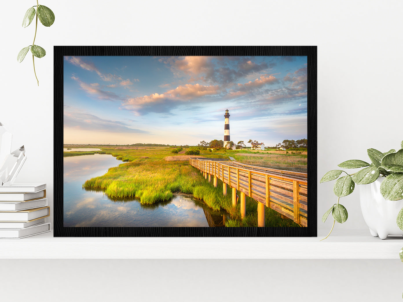 Sunrise Bodie Island Lighthouse Glass Framed Wall Art, Ready to Hang Quality Print Without White Border Black