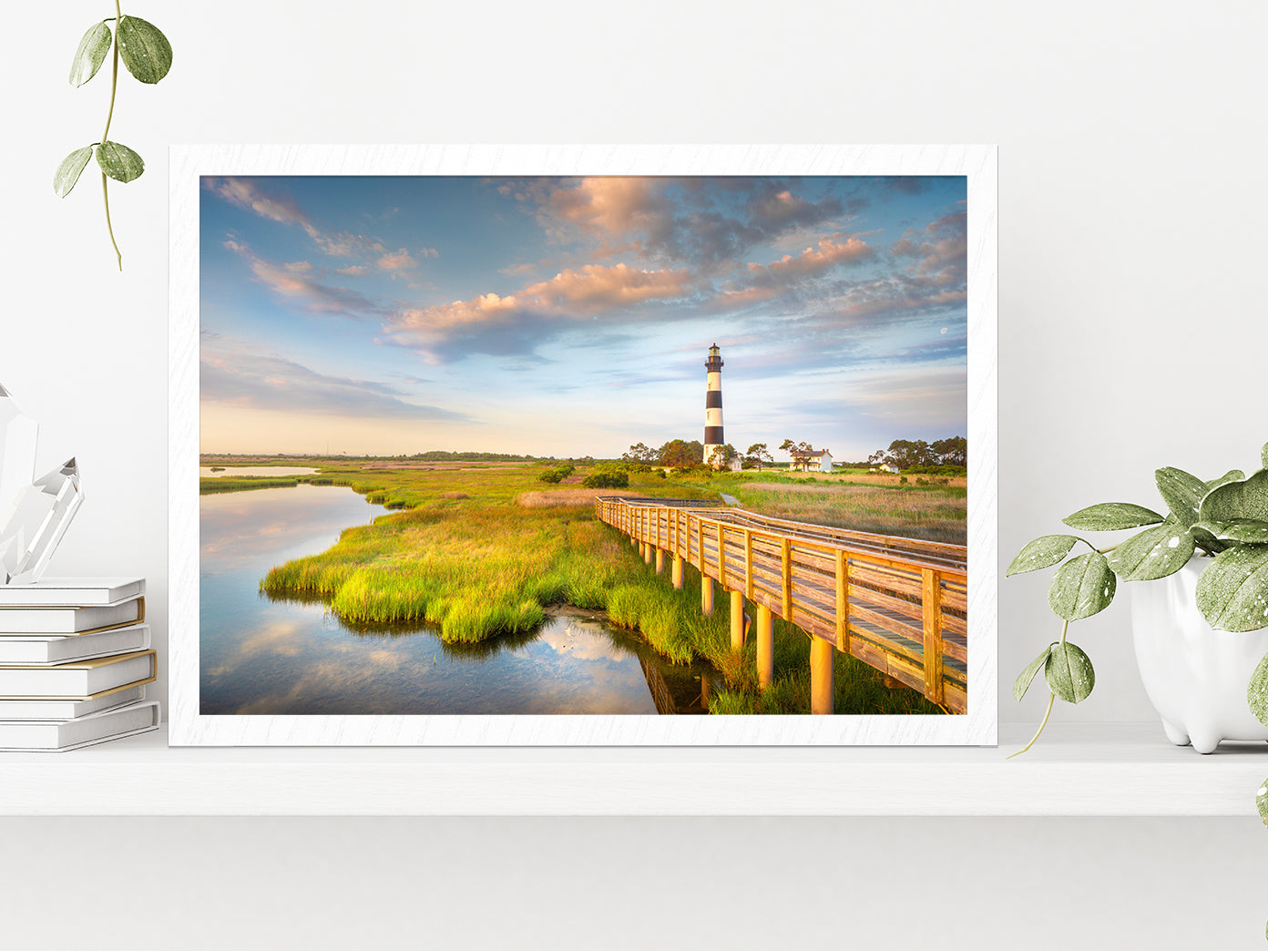 Sunrise Bodie Island Lighthouse Glass Framed Wall Art, Ready to Hang Quality Print Without White Border White