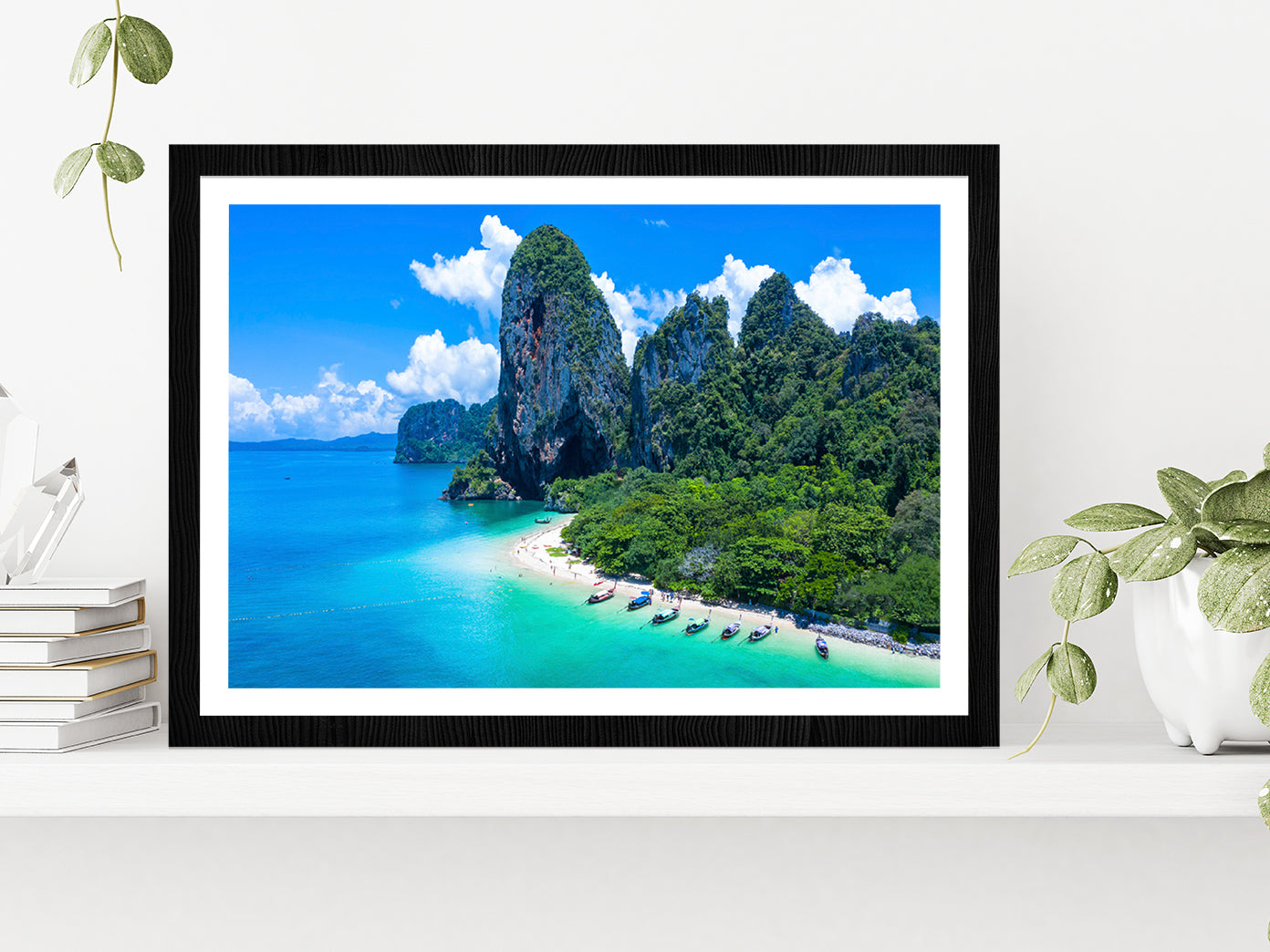 Long Tail Boat With Sandy Beach Glass Framed Wall Art, Ready to Hang Quality Print With White Border Black