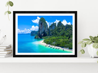 Long Tail Boat With Sandy Beach Glass Framed Wall Art, Ready to Hang Quality Print With White Border Black