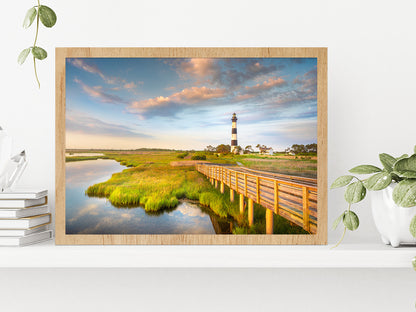 Sunrise Bodie Island Lighthouse Glass Framed Wall Art, Ready to Hang Quality Print Without White Border Oak