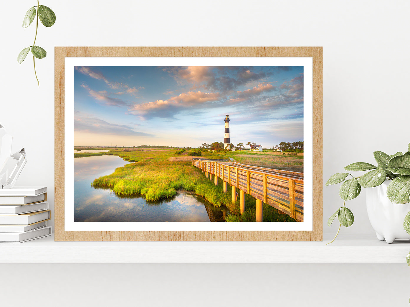 Sunrise Bodie Island Lighthouse Glass Framed Wall Art, Ready to Hang Quality Print With White Border Oak