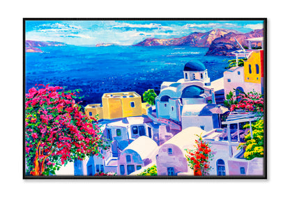 Greek Scenery, Blue Sea and White Houses Oil Painting Wall Art Limited Edition High Quality Print Canvas Box Framed Black