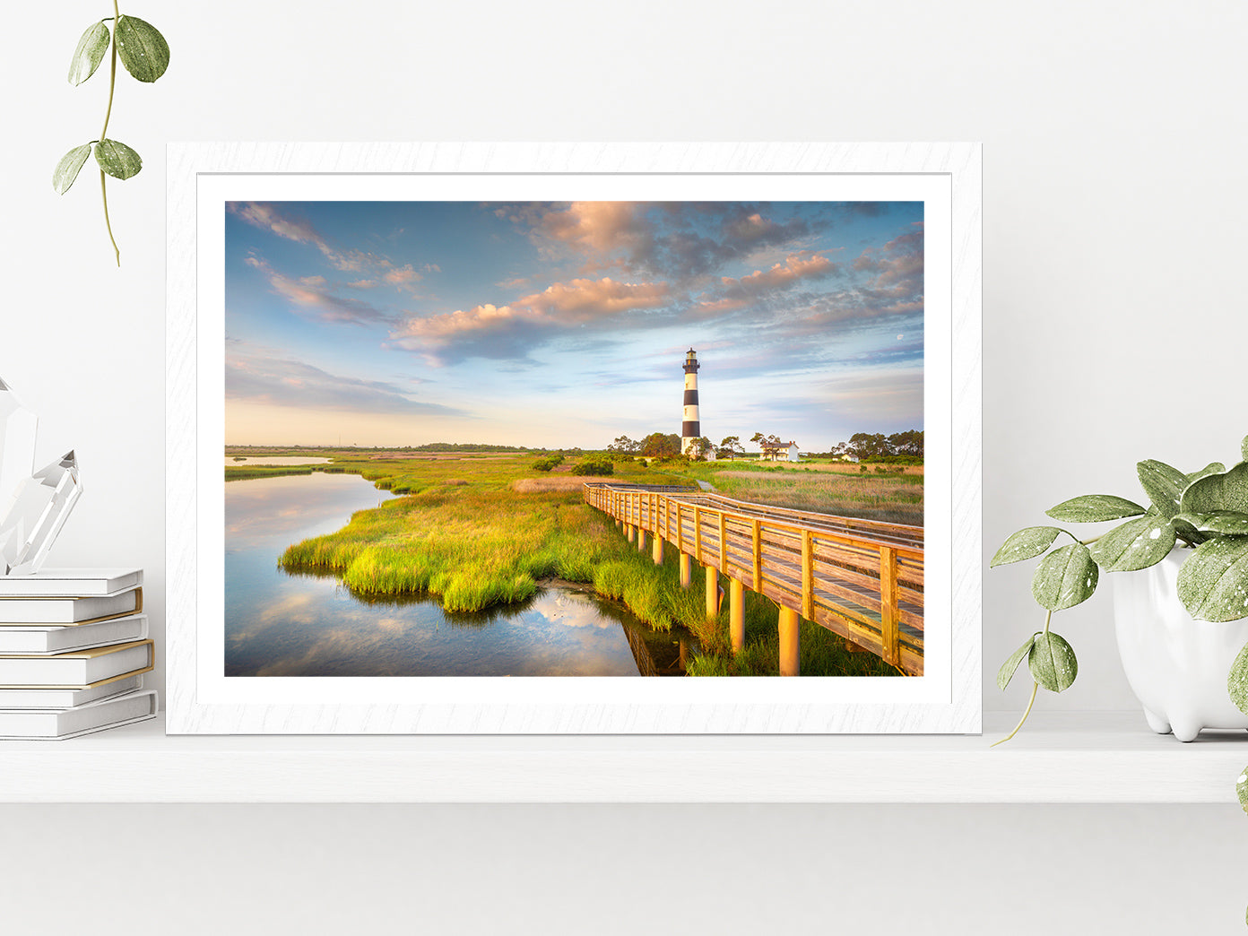 Sunrise Bodie Island Lighthouse Glass Framed Wall Art, Ready to Hang Quality Print With White Border White