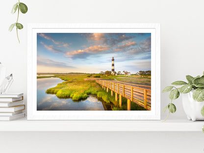 Sunrise Bodie Island Lighthouse Glass Framed Wall Art, Ready to Hang Quality Print With White Border White