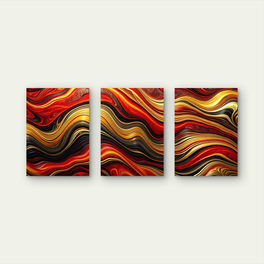 3pcs Texture Red Black Gold Wave Pattern Metal Print Ready to Hang Art - Bella Home Decor