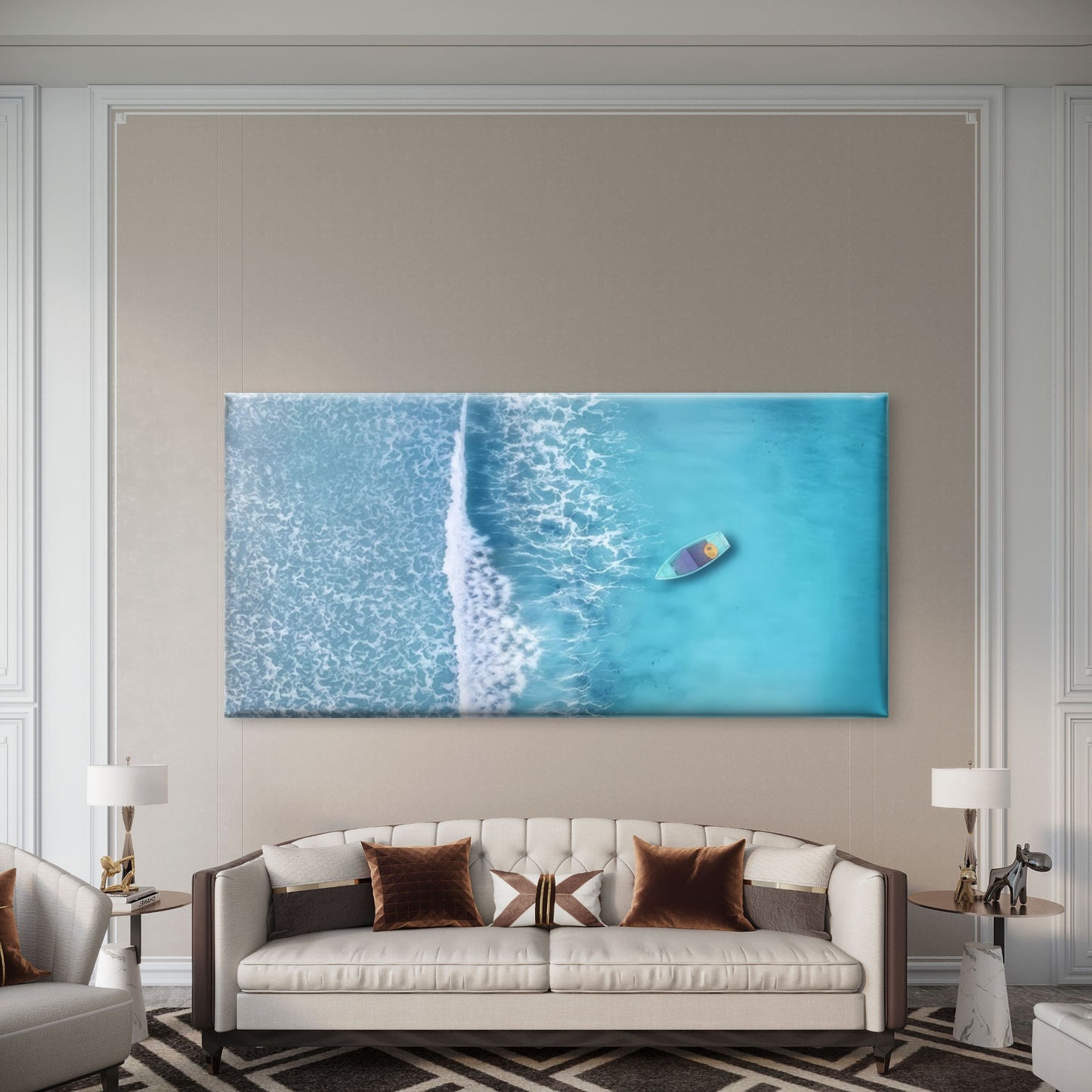 View Of Boat On Ocean Waves Wall Art Canvas Office Home Room Framed 120x60cm