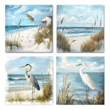 4pcs  Beach Coastal Seascape Seabird Bird Wall Art Canvas Framed