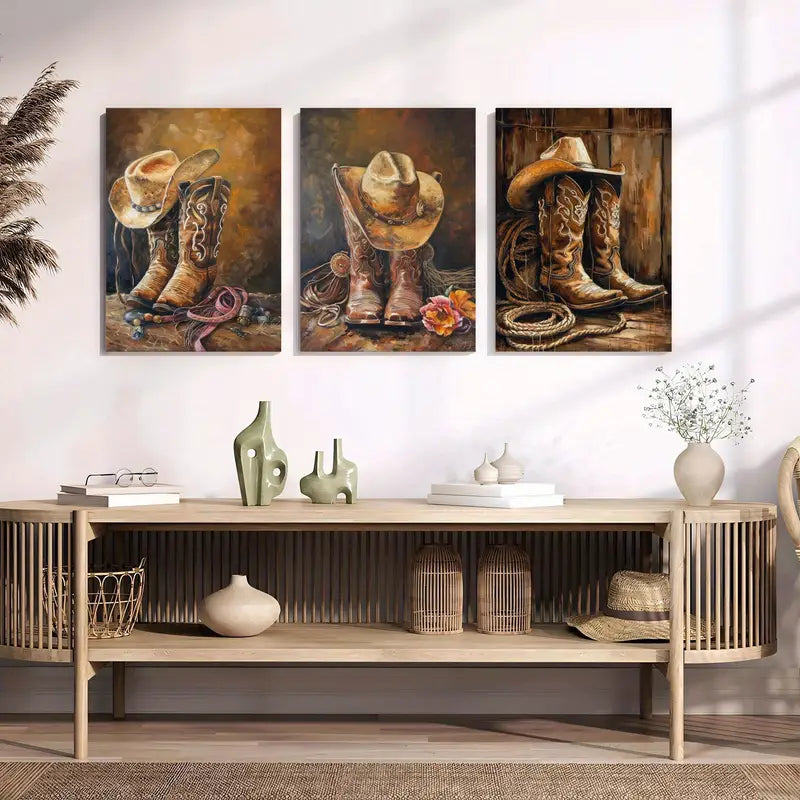 3pcs Botas Vaqueras Rústicas Metal Print Ready to Hang Art - Bella Home Decor