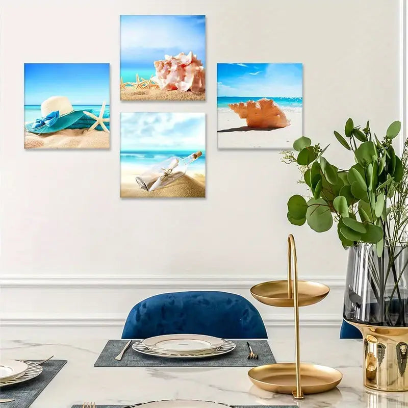 4pcsVibrant Ocean & Sand Designs Wall Art Canvas Framed
