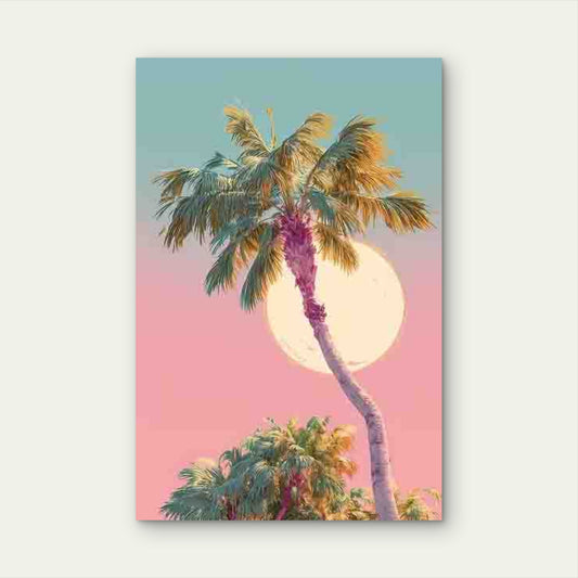 Palm Tree, Sun Glow, Tropical Atmosphere 40x60cm Metal Print Ready to Hang