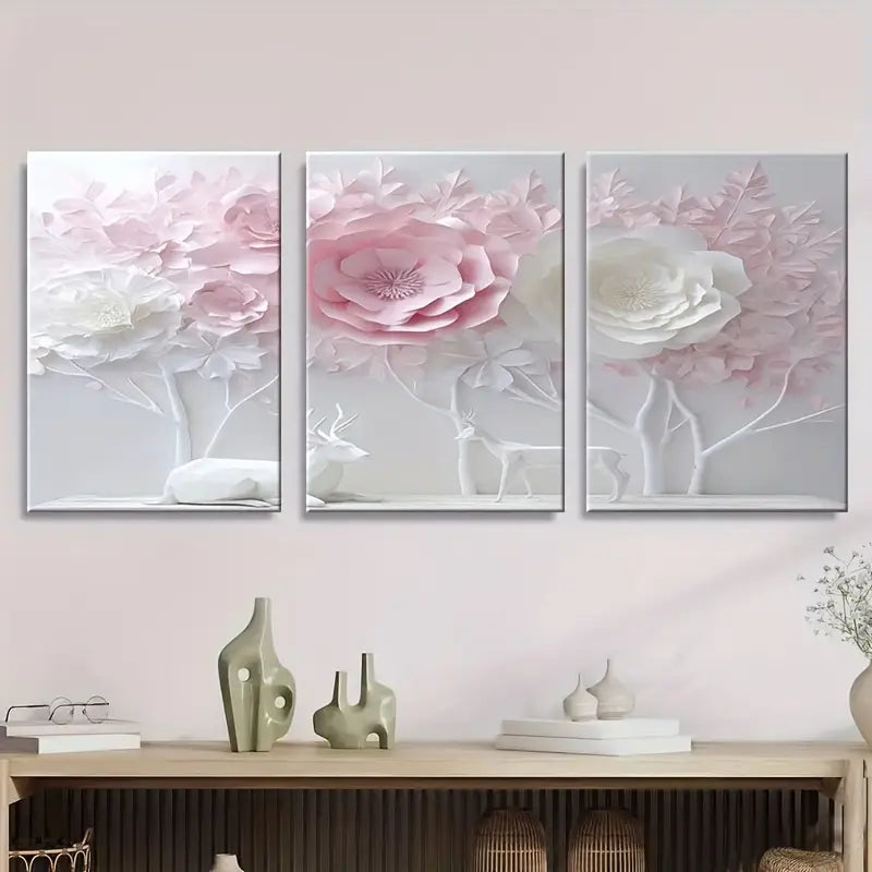 3pcs White And Pink Floral Tree Metal Print Ready to Hang Art