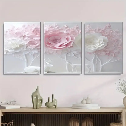 3pcs White And Pink Floral Tree Metal Print Ready to Hang Art