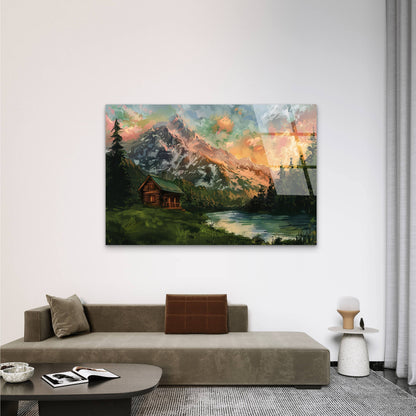 Cozy Mountain Cabin Wooden Lodge River Lake Sunset Landscape Acrylic Glass Printing Wall Art Australian Made Quality