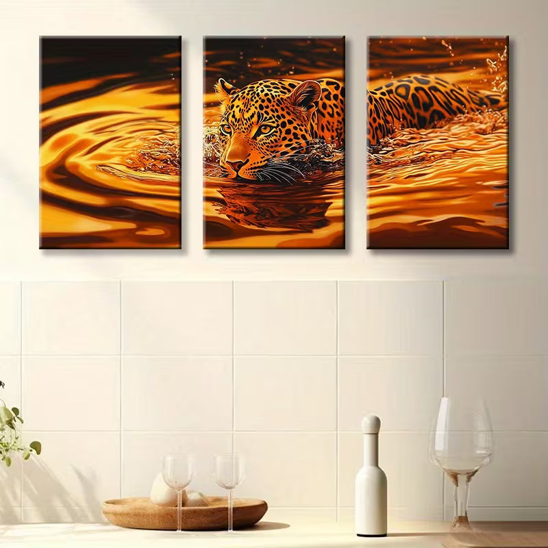 3pcs The swimming leopard Wall Art Set Canvas Framed 40x60cm - High Quality Print 100% Australian Made Wall Canvas Ready to Hang