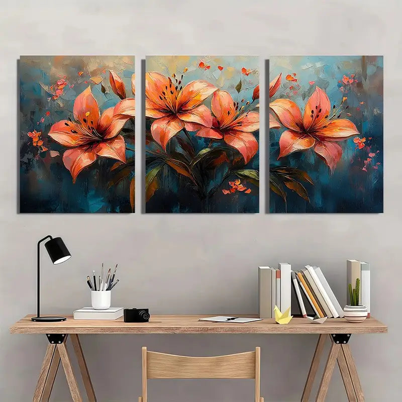 3pcs Vibrant Orange Floral Metal Print Ready to Hang Art