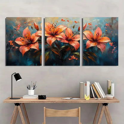 3pcs Vibrant Orange Floral Metal Print Ready to Hang Art
