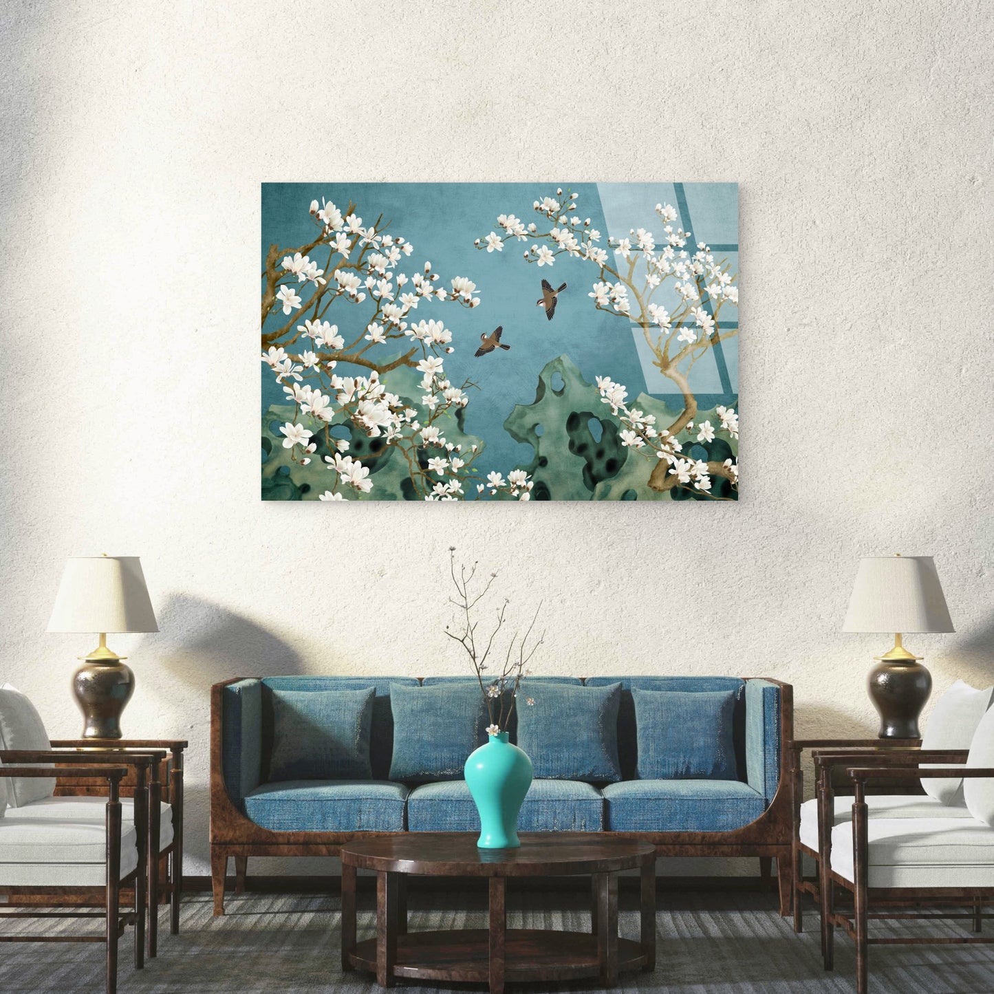 Vintage Asian Teal Floral Cherry Blossom  Acrylic Glass Printing Wall Art Australian Made Quality