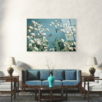 Vintage Asian Teal Floral Cherry Blossom  Acrylic Glass Printing Wall Art Australian Made Quality