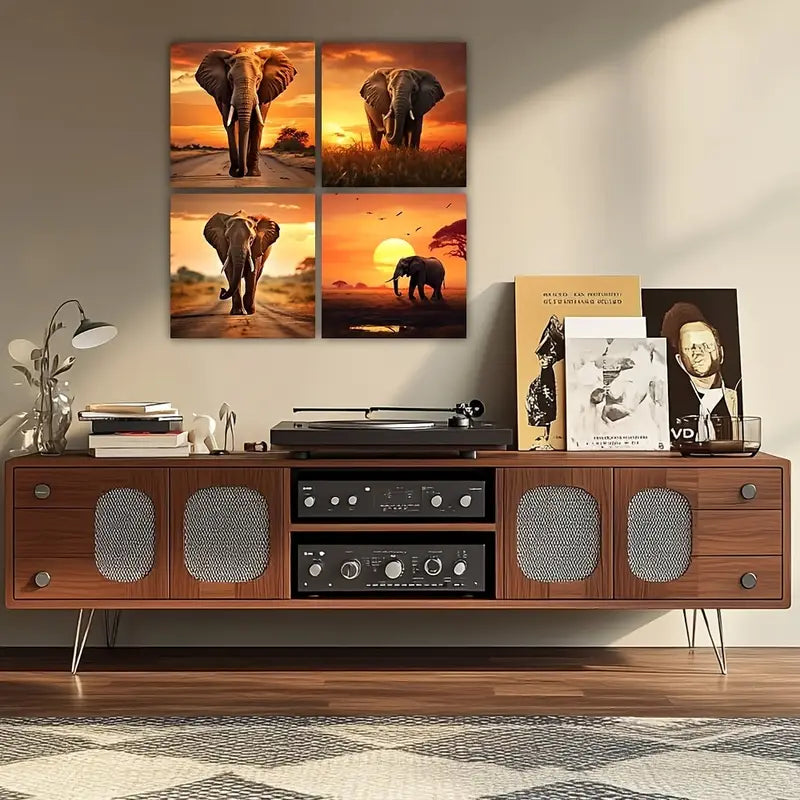 4pcs Panel African Elephant Sunrise Wall Art Canvas Framed - Bella Home Decor