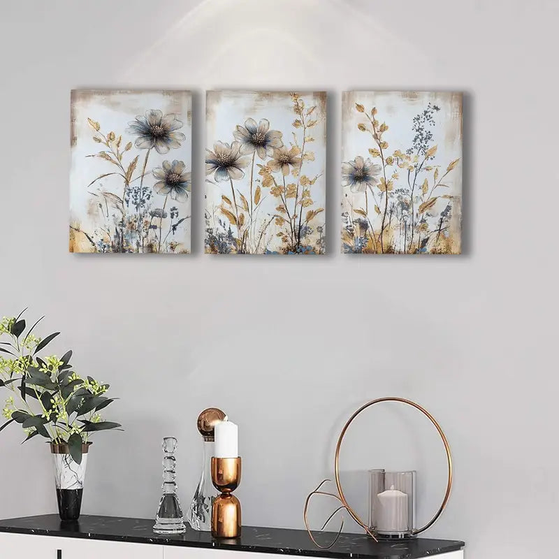 3pcs Vintage Blue & Golden Floral Canvas Metal Print Ready to Hang Art