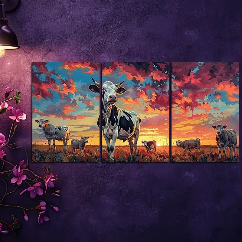 3pcs Sunset Pasture Farm Animals Wall Art Set Canvas Framed 50x70cm - High Quality Print 100% Australian Made Wall Canvas Ready to Hang