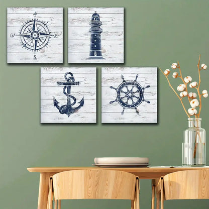 4pcs Navy And White Lighthouse Decor Boat Anchor Wall Art Canvas Framed