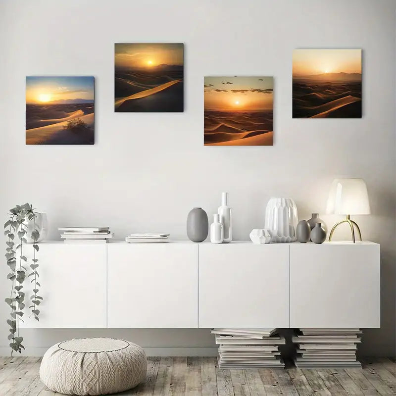 4pcs Sunset In Deser Art Deco Classic Retro Wall Art Canvas Framed