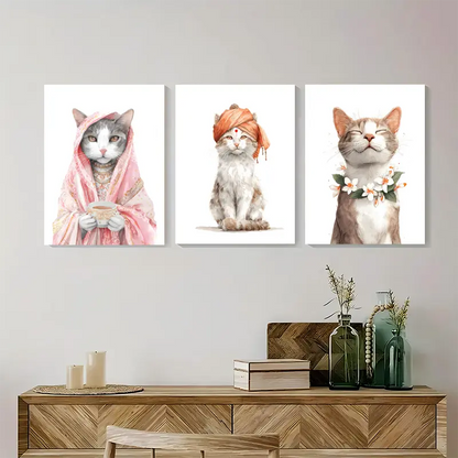 3pcs Indian Cat Wall Art Set Metal Print Ready to Hang Art