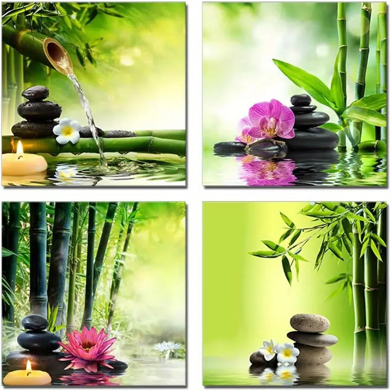 4pcs Bamboo Green Nature Zen SPA Wall Art Canvas Framed