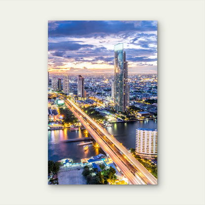 Bangkok City Skyline River Highway Night 40x60cm Metal Print Ready to Hang