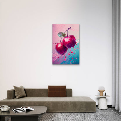 Vibrant Illustration of Cherries with Water Droplets 60x90cm Metal Print Ready to Hang