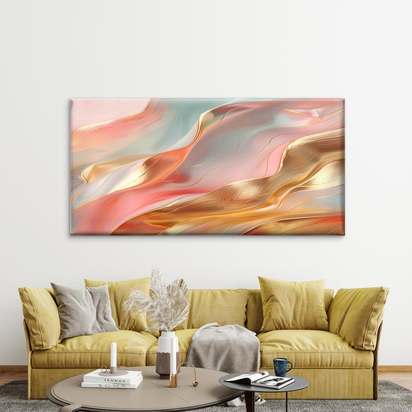 Liquid Coral Nectarine Mint Wall Art Canvas Office Home Room Framed 120x60cm