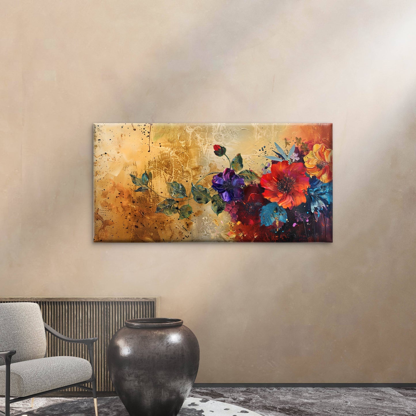 Red Floral Gold Painting Wall Art Canvas Office Home Room Framed 120x60cm
