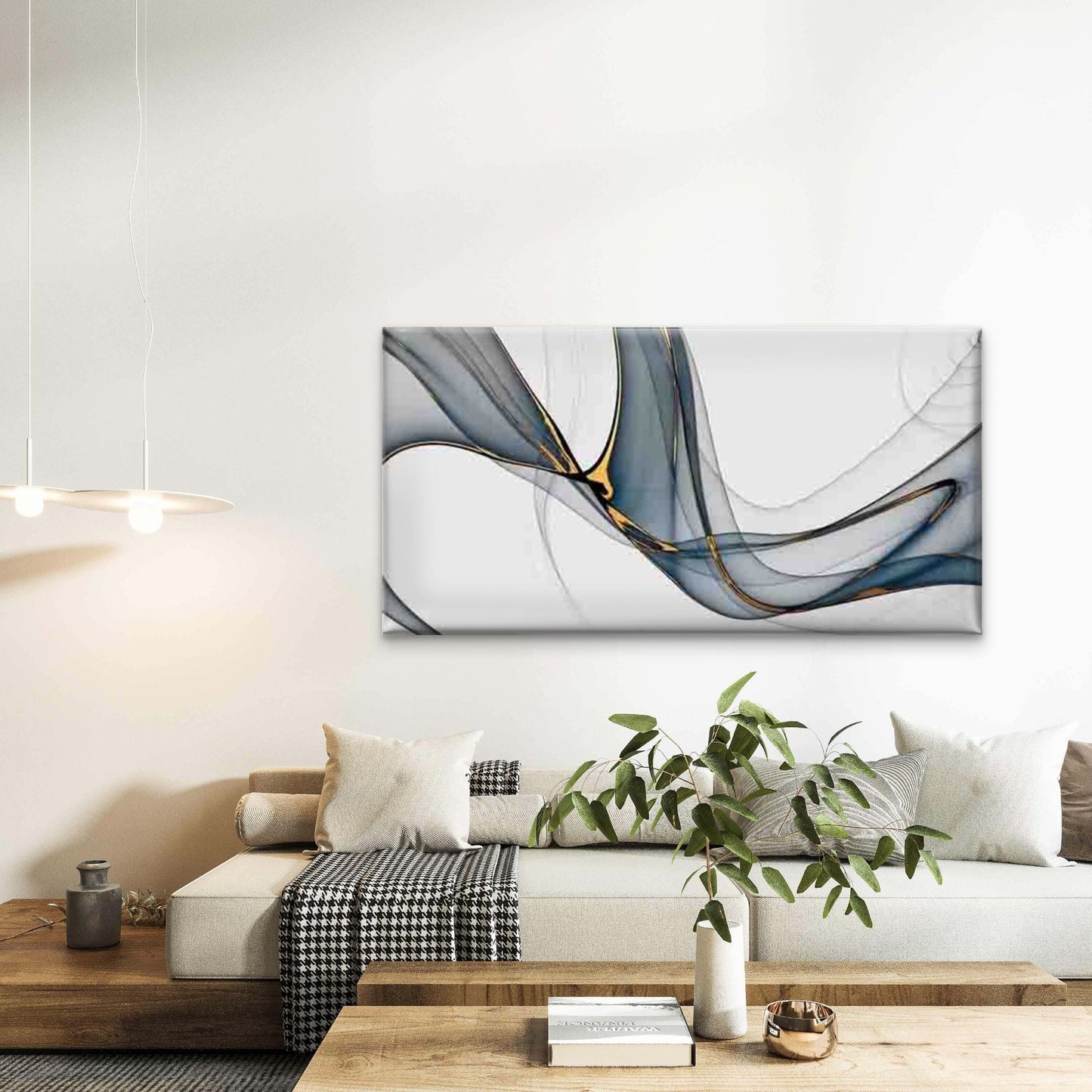 Flowing Blue And Golden Lines Wall Art Canvas Office Home Room Framed 120x60cm - Bella Home Decor