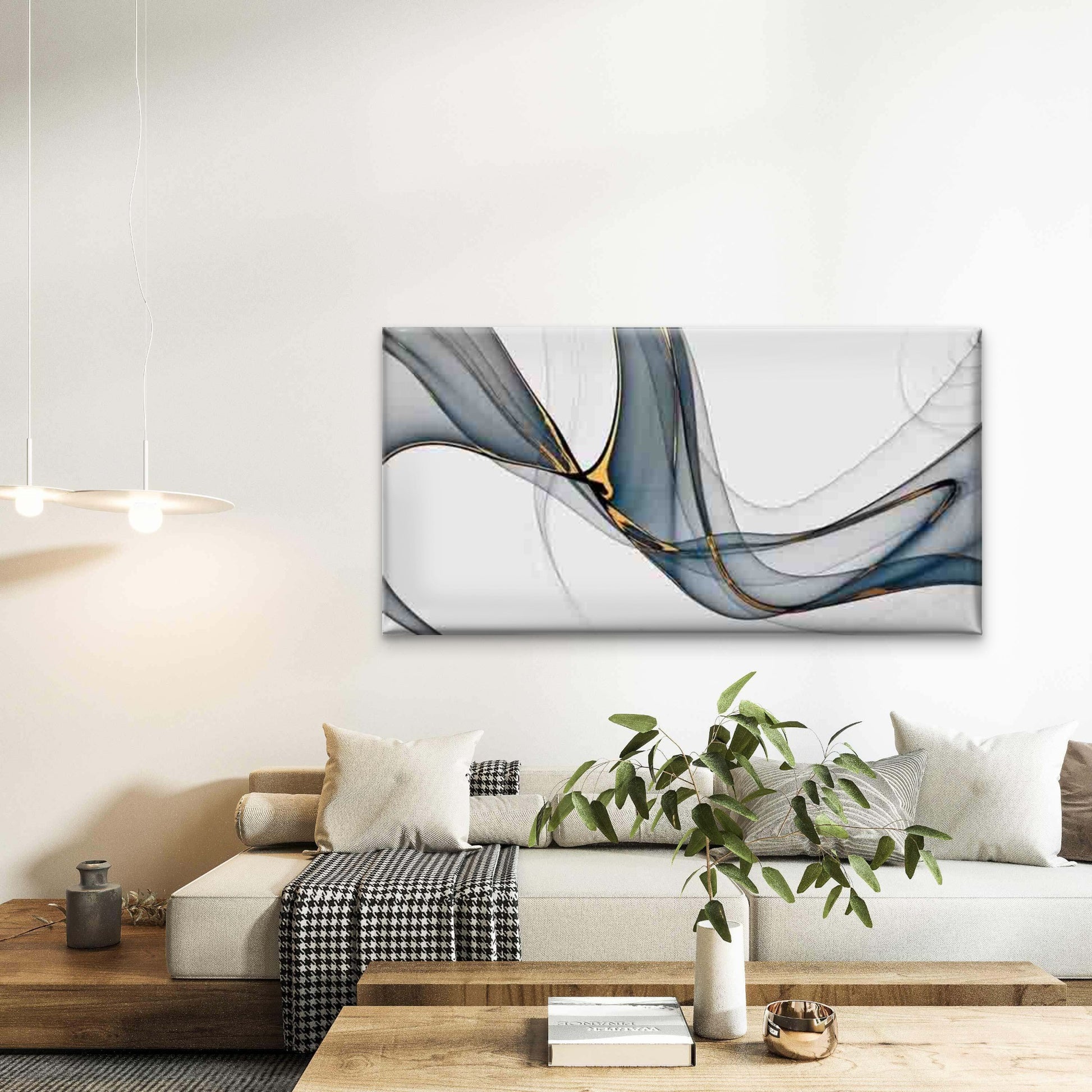 Flowing Blue And Golden Lines Wall Art Canvas Office Home Room Framed 120x60cm - Bella Home Decor